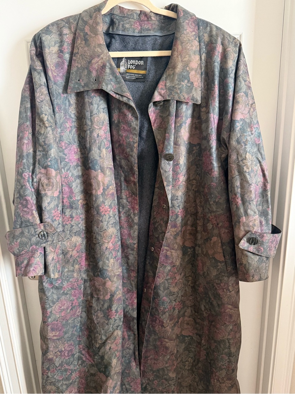Vintage London Fog Floral Jacquard Trench Coat in Gray and Pink Tones
